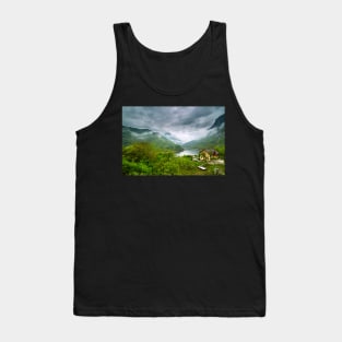 Lake in the mountains on a foggy day Tank Top